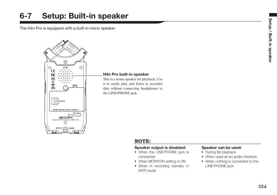 7 setup: built-in speaker | Zoom H4n Pro 4-Input / 4-Track Portable Handy Recorder Kit with Protective Case (Black) User Manual | Page 33 / 151