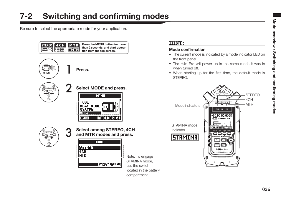 2 switching and confirming modes | Zoom H4n Pro 4-Input / 4-Track Portable Handy Recorder Kit with Protective Case (Black) User Manual | Page 35 / 151