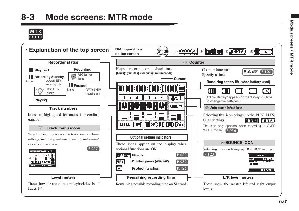 3 mode screens: mtr mode, Explanation of the top screen | Zoom H4n Pro 4-Input / 4-Track Portable Handy Recorder Kit with Protective Case (Black) User Manual | Page 39 / 151