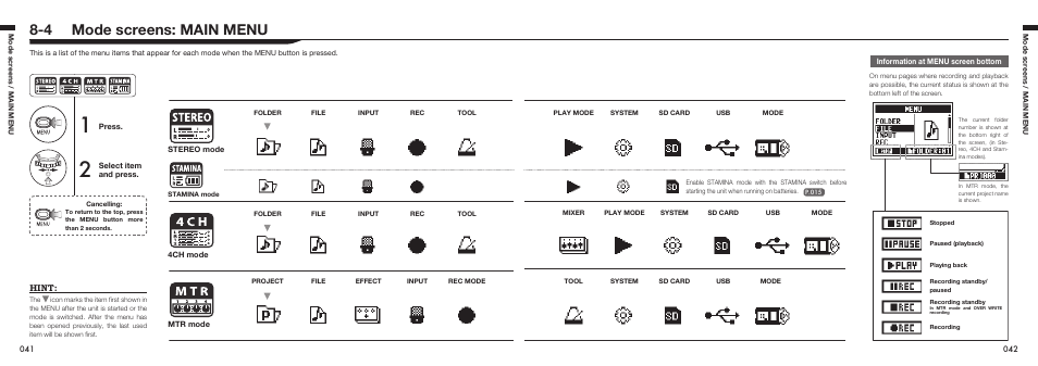 4 mode screens: main menu, Hint | Zoom H4n Pro 4-Input / 4-Track Portable Handy Recorder Kit with Protective Case (Black) User Manual | Page 40 / 151