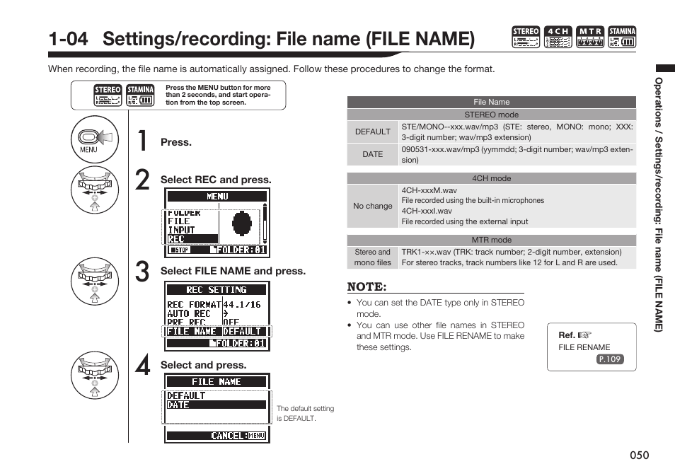 04 settings/recording: file name (file name) | Zoom H4n Pro 4-Input / 4-Track Portable Handy Recorder Kit with Protective Case (Black) User Manual | Page 48 / 151