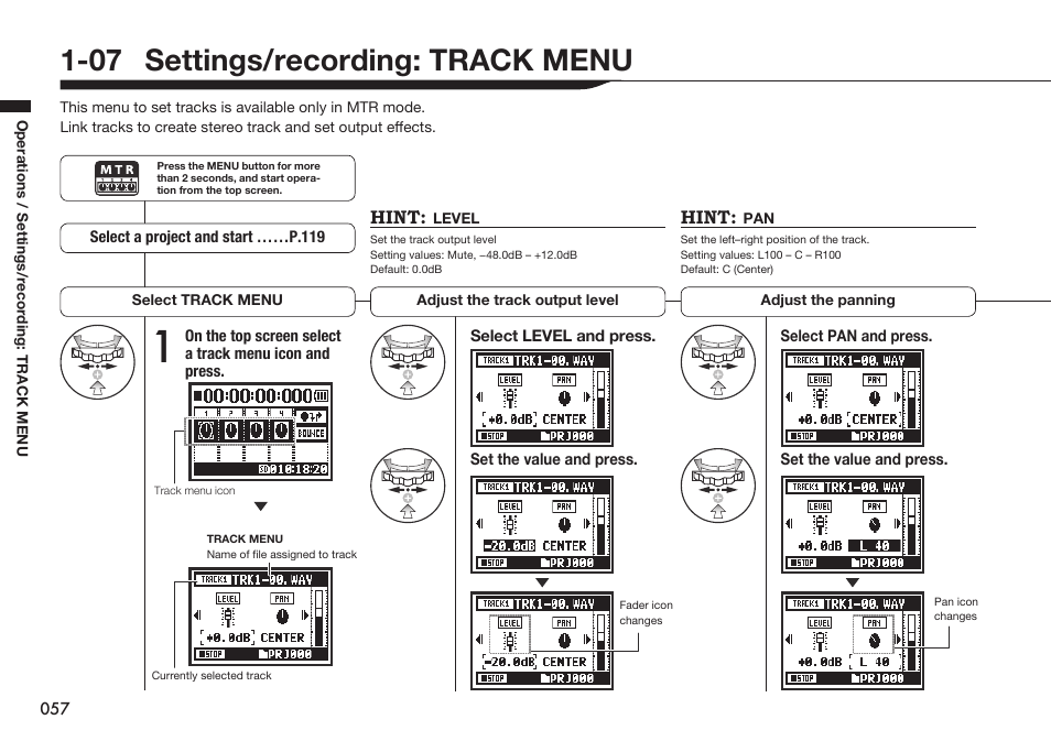 07 settings/recording: track menu, Hint | Zoom H4n Pro 4-Input / 4-Track Portable Handy Recorder Kit with Protective Case (Black) User Manual | Page 55 / 151