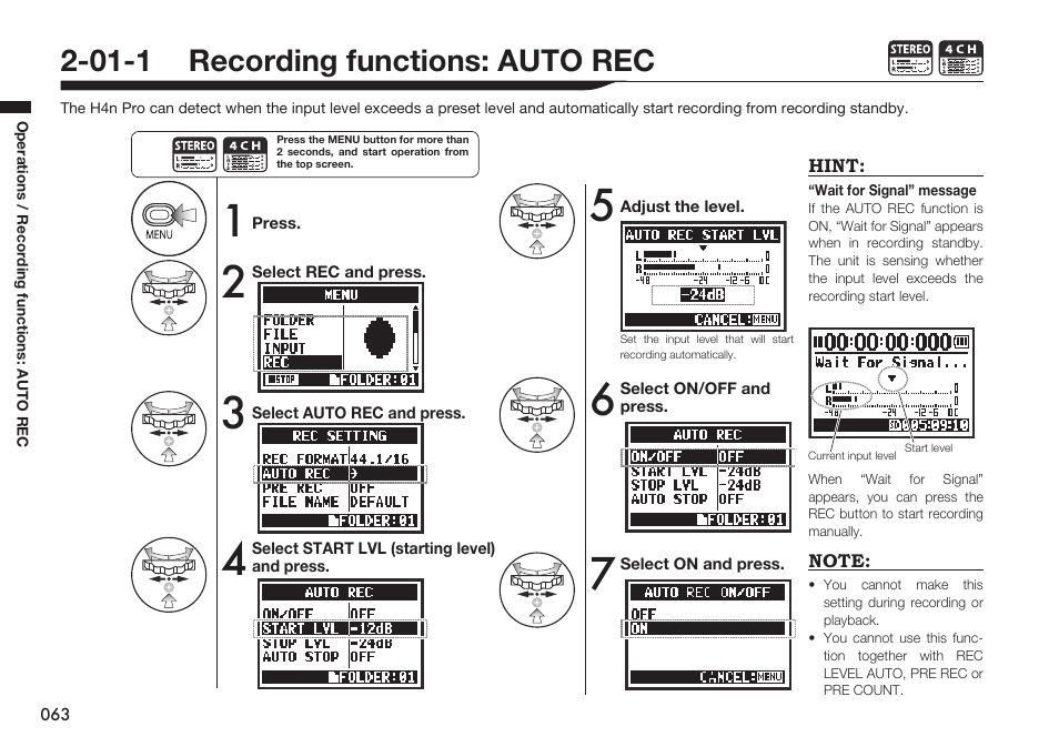 01-1 recording functions: auto rec | Zoom H4n Pro 4-Input / 4-Track Portable Handy Recorder Kit with Protective Case (Black) User Manual | Page 61 / 151
