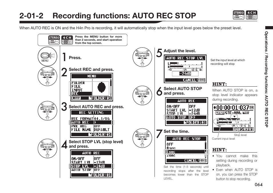 01-2 recording functions: auto rec stop | Zoom H4n Pro 4-Input / 4-Track Portable Handy Recorder Kit with Protective Case (Black) User Manual | Page 62 / 151