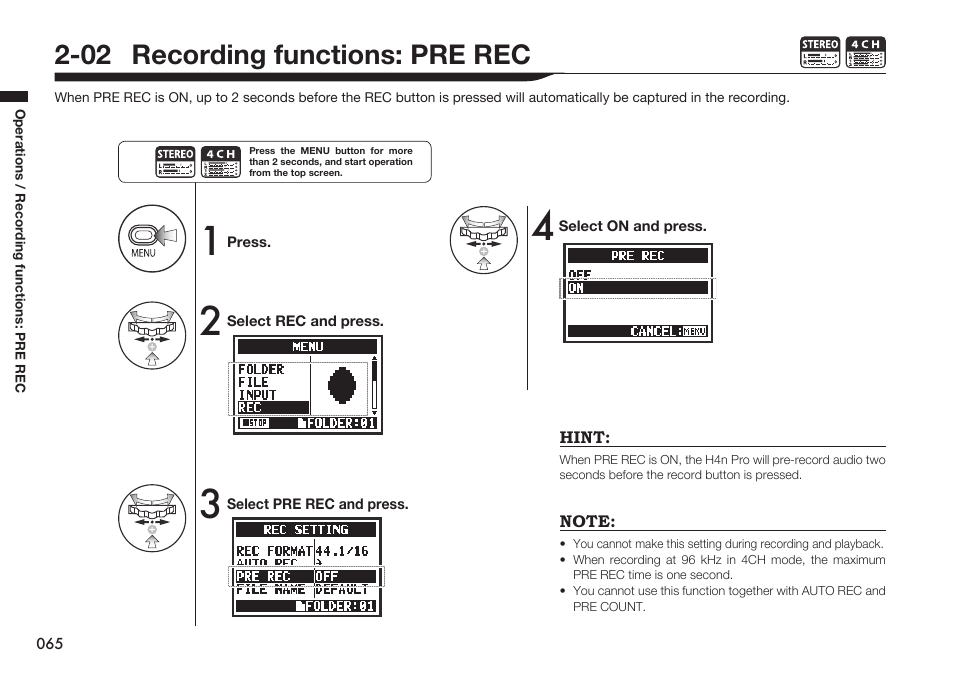 02 recording functions: pre rec | Zoom H4n Pro 4-Input / 4-Track Portable Handy Recorder Kit with Protective Case (Black) User Manual | Page 63 / 151