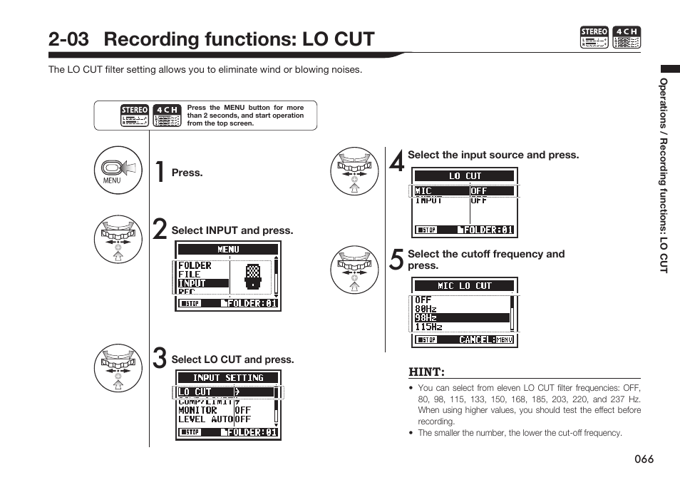 03 recording functions: lo cut | Zoom H4n Pro 4-Input / 4-Track Portable Handy Recorder Kit with Protective Case (Black) User Manual | Page 64 / 151