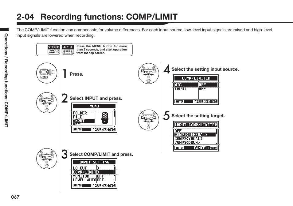 04 recording functions: comp/limit | Zoom H4n Pro 4-Input / 4-Track Portable Handy Recorder Kit with Protective Case (Black) User Manual | Page 65 / 151