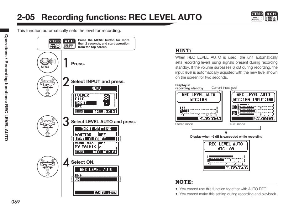 05 recording functions: rec level auto | Zoom H4n Pro 4-Input / 4-Track Portable Handy Recorder Kit with Protective Case (Black) User Manual | Page 67 / 151