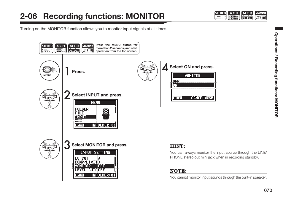 06 recording functions: monitor | Zoom H4n Pro 4-Input / 4-Track Portable Handy Recorder Kit with Protective Case (Black) User Manual | Page 68 / 151