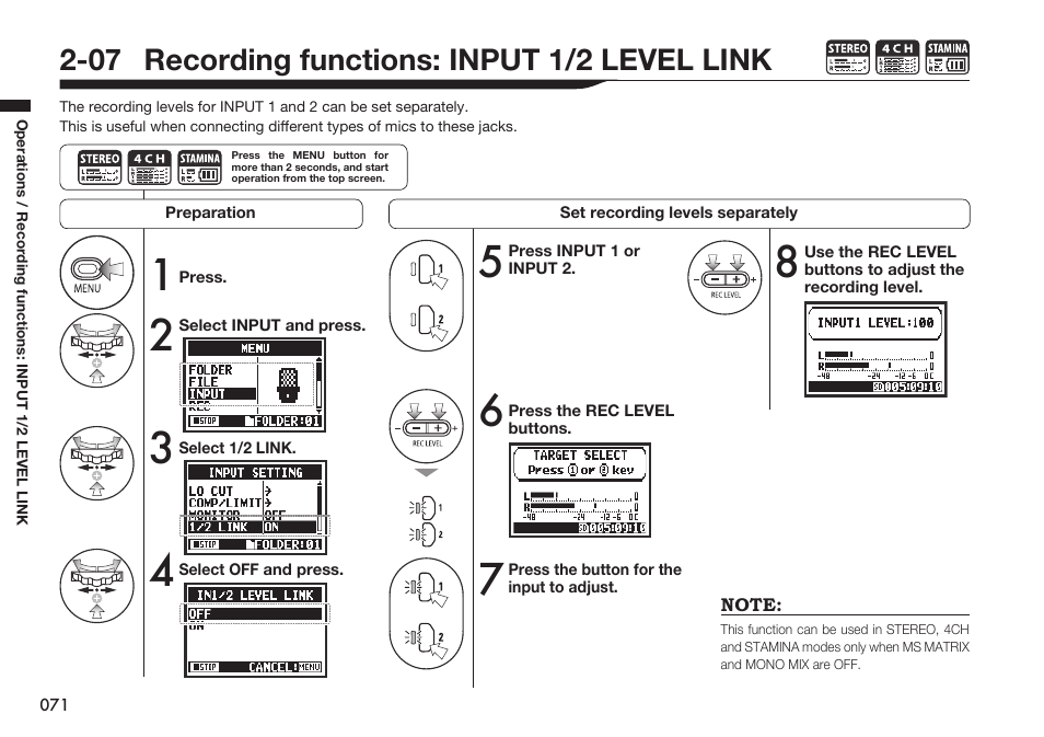 07 recording functions: input 1/2 level link | Zoom H4n Pro 4-Input / 4-Track Portable Handy Recorder Kit with Protective Case (Black) User Manual | Page 69 / 151