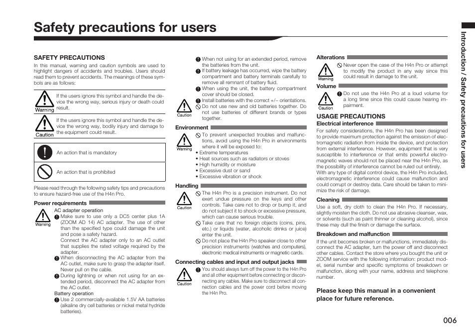 Safety precautions for users, Introduction / safety precautions for users | Zoom H4n Pro 4-Input / 4-Track Portable Handy Recorder Kit with Protective Case (Black) User Manual | Page 7 / 151