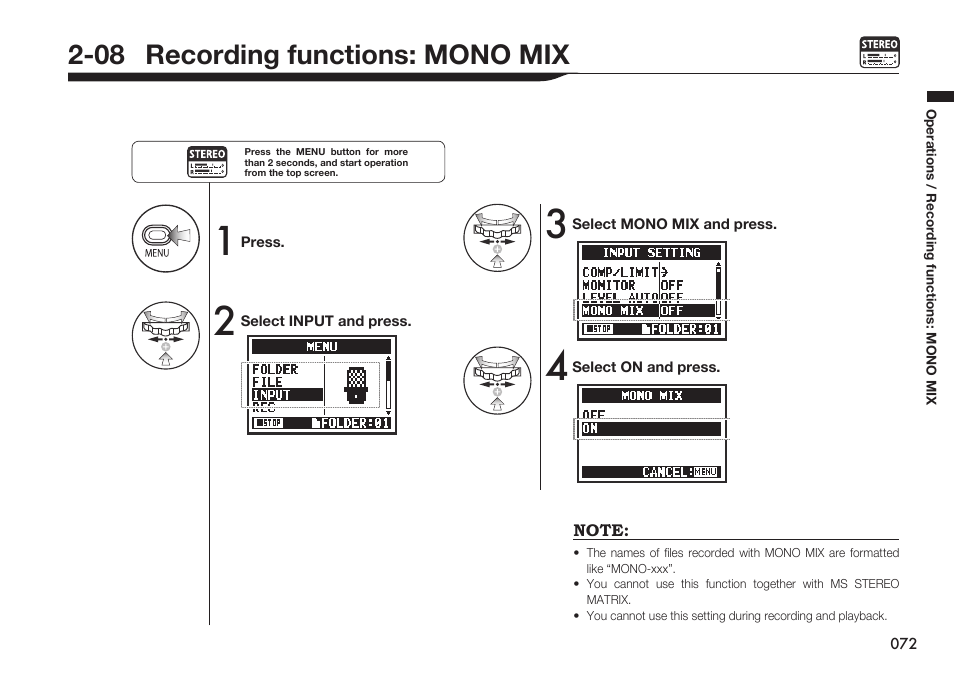 08 recording functions: mono mix | Zoom H4n Pro 4-Input / 4-Track Portable Handy Recorder Kit with Protective Case (Black) User Manual | Page 70 / 151