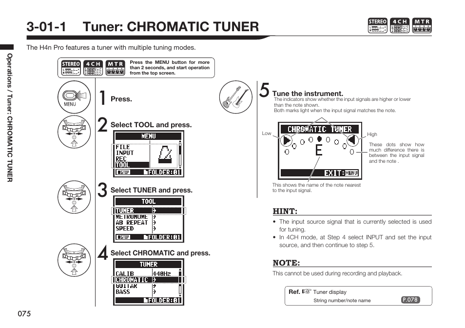 01-1 tuner: chromatic tuner | Zoom H4n Pro 4-Input / 4-Track Portable Handy Recorder Kit with Protective Case (Black) User Manual | Page 72 / 151