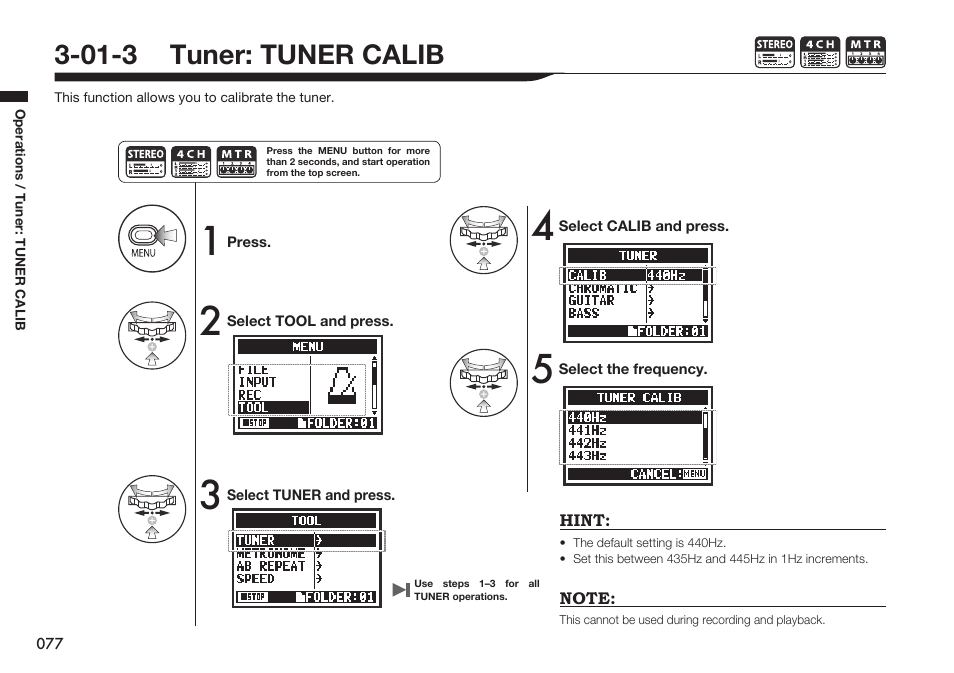 01-3 tuner: tuner calib | Zoom H4n Pro 4-Input / 4-Track Portable Handy Recorder Kit with Protective Case (Black) User Manual | Page 74 / 151