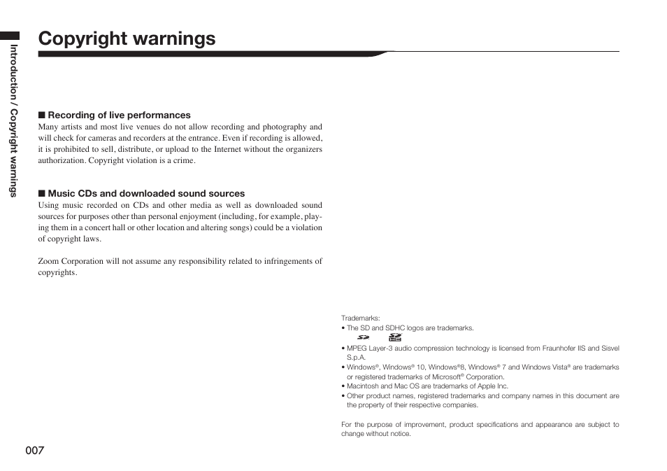 Copyright warnings | Zoom H4n Pro 4-Input / 4-Track Portable Handy Recorder Kit with Protective Case (Black) User Manual | Page 8 / 151