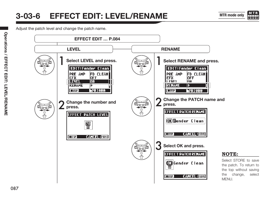 03-6 effect edit: level/rename | Zoom H4n Pro 4-Input / 4-Track Portable Handy Recorder Kit with Protective Case (Black) User Manual | Page 83 / 151