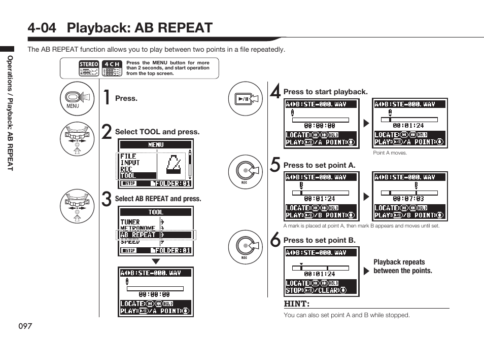 04 playback: ab repeat | Zoom H4n Pro 4-Input / 4-Track Portable Handy Recorder Kit with Protective Case (Black) User Manual | Page 93 / 151