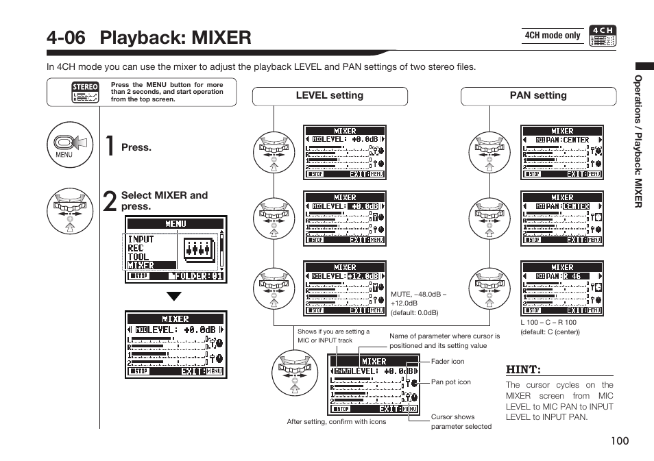 06 playback: mixer | Zoom H4n Pro 4-Input / 4-Track Portable Handy Recorder Kit with Protective Case (Black) User Manual | Page 96 / 151