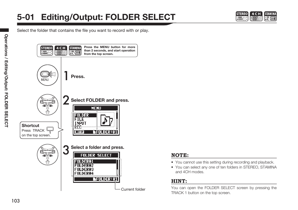 01 editing/output: folder select | Zoom H4n Pro 4-Input / 4-Track Portable Handy Recorder Kit with Protective Case (Black) User Manual | Page 99 / 151