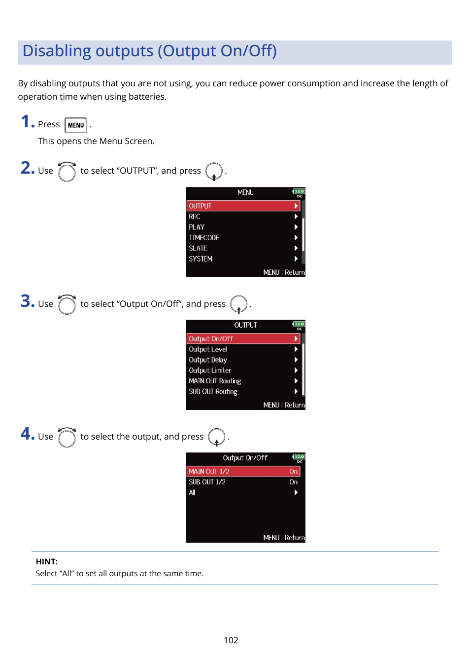 Disabling outputs (output on/off), Disabling outputs (output on/oﬀ) | Zoom F8n Pro 8-Input / 10-Track Multitrack Field Recorder User Manual | Page 102 / 316