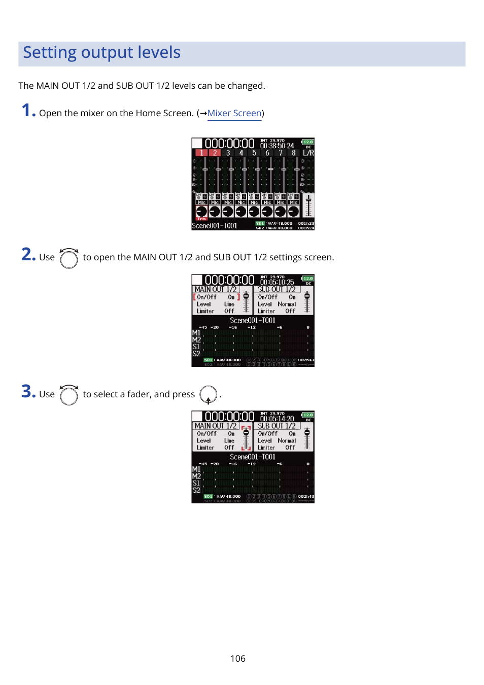 Setting output levels | Zoom F8n Pro 8-Input / 10-Track Multitrack Field Recorder User Manual | Page 106 / 316