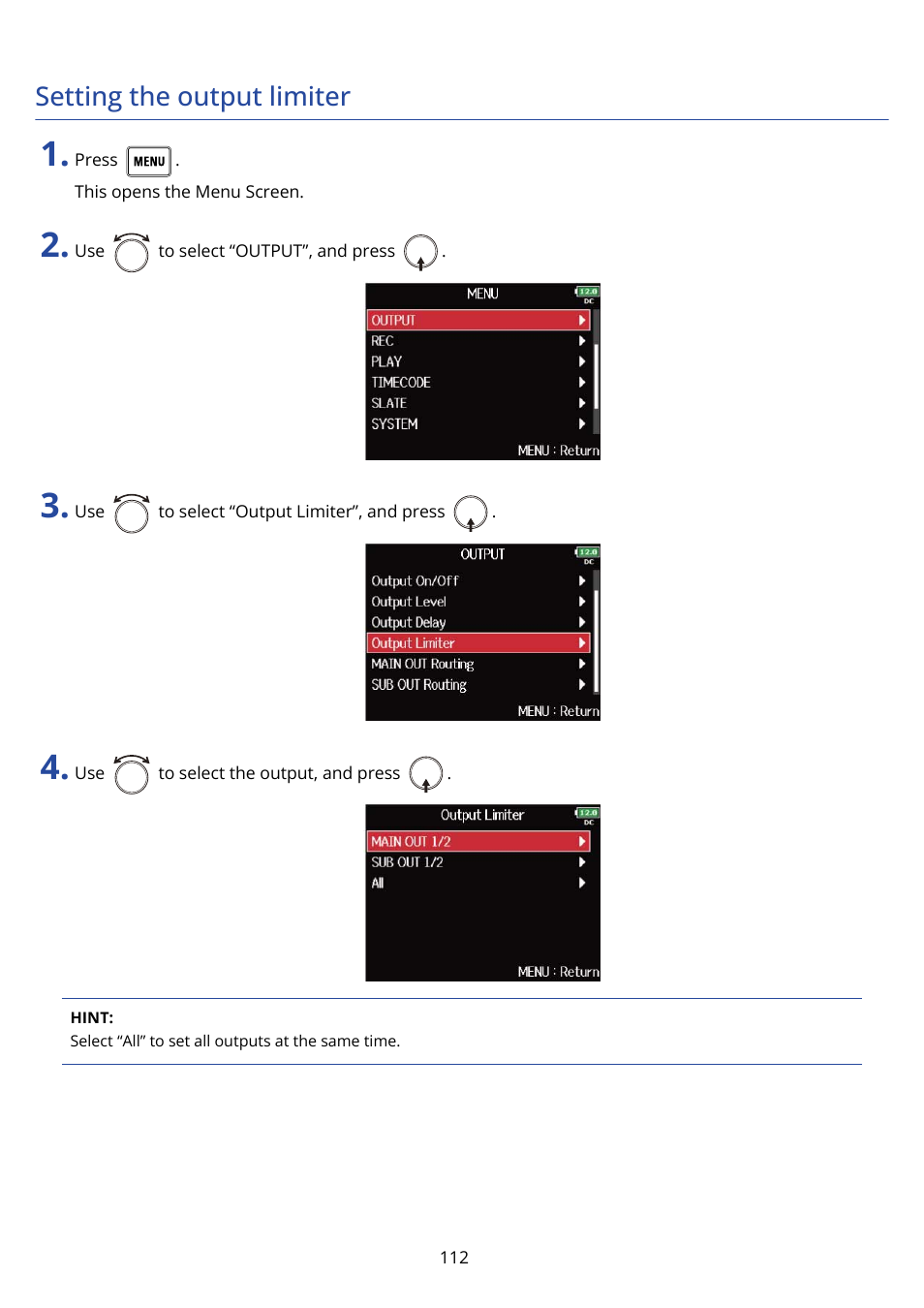 Setting the output limiter | Zoom F8n Pro 8-Input / 10-Track Multitrack Field Recorder User Manual | Page 112 / 316