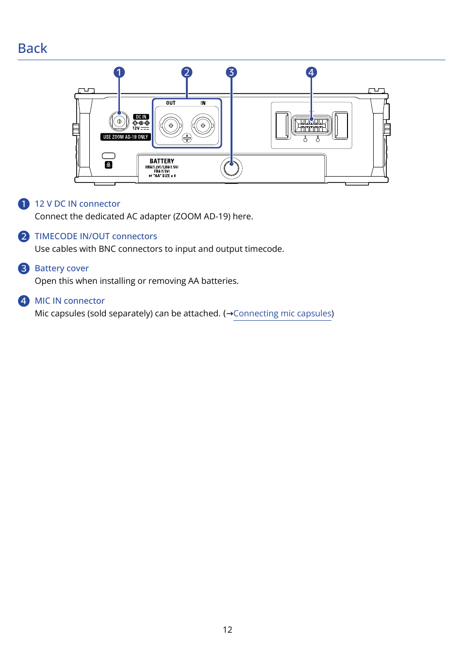 Back | Zoom F8n Pro 8-Input / 10-Track Multitrack Field Recorder User Manual | Page 12 / 316