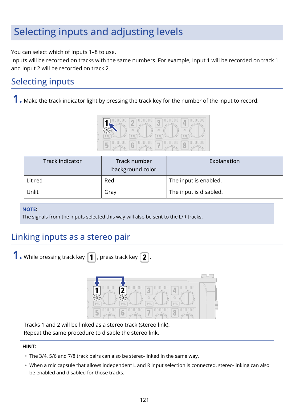 Selecting inputs and adjusting levels, Selecting inputs, Linking inputs as a stereo pair | Zoom F8n Pro 8-Input / 10-Track Multitrack Field Recorder User Manual | Page 121 / 316
