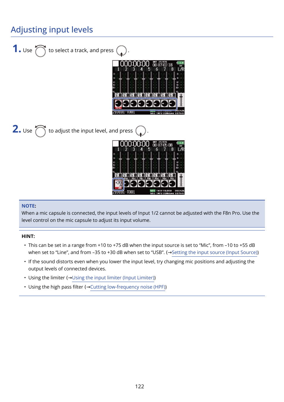 Adjusting input levels | Zoom F8n Pro 8-Input / 10-Track Multitrack Field Recorder User Manual | Page 122 / 316