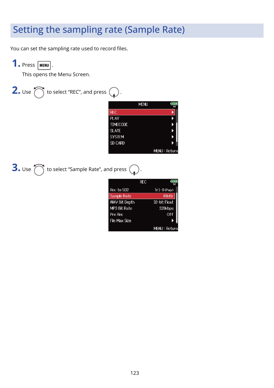 Setting the sampling rate (sample rate), Setting the, Sampling rate (sample rate) | Setting the sampling rate (sample, Rate) | Zoom F8n Pro 8-Input / 10-Track Multitrack Field Recorder User Manual | Page 123 / 316