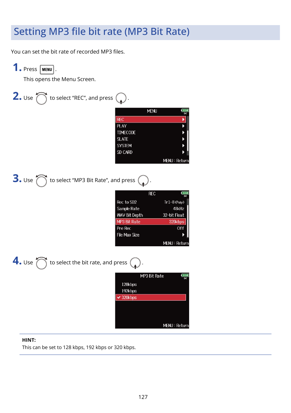 Setting mp3 file bit rate (mp3 bit rate), Setting mp3 ﬁle bit rate (mp3 bit rate) | Zoom F8n Pro 8-Input / 10-Track Multitrack Field Recorder User Manual | Page 127 / 316