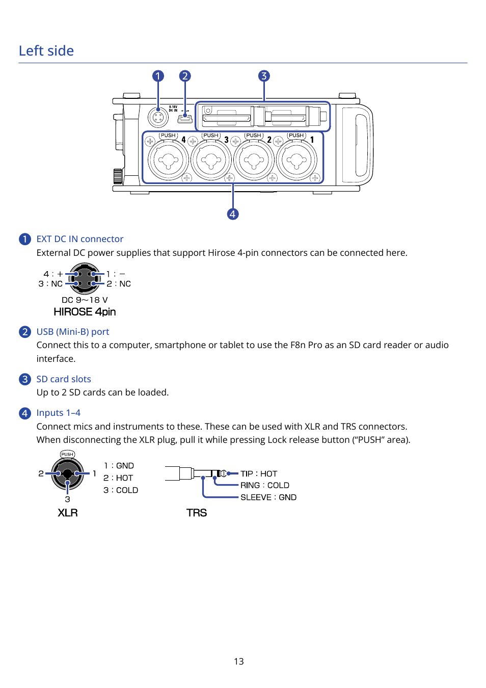 Left side | Zoom F8n Pro 8-Input / 10-Track Multitrack Field Recorder User Manual | Page 13 / 316
