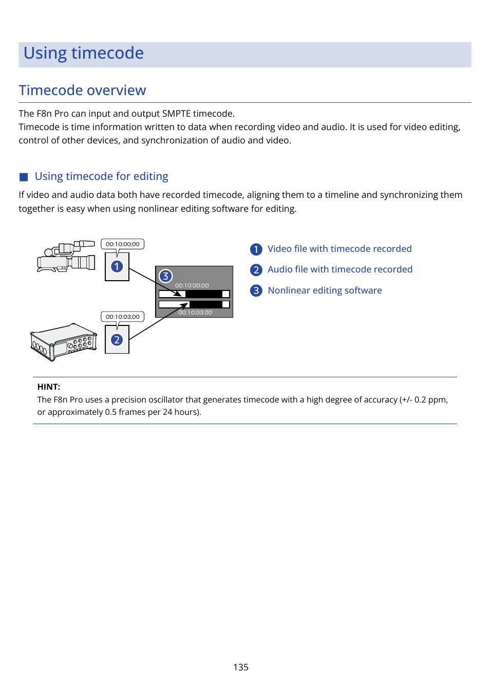 Using timecode, Timecode overview, Using timecode for editing | Zoom F8n Pro 8-Input / 10-Track Multitrack Field Recorder User Manual | Page 135 / 316