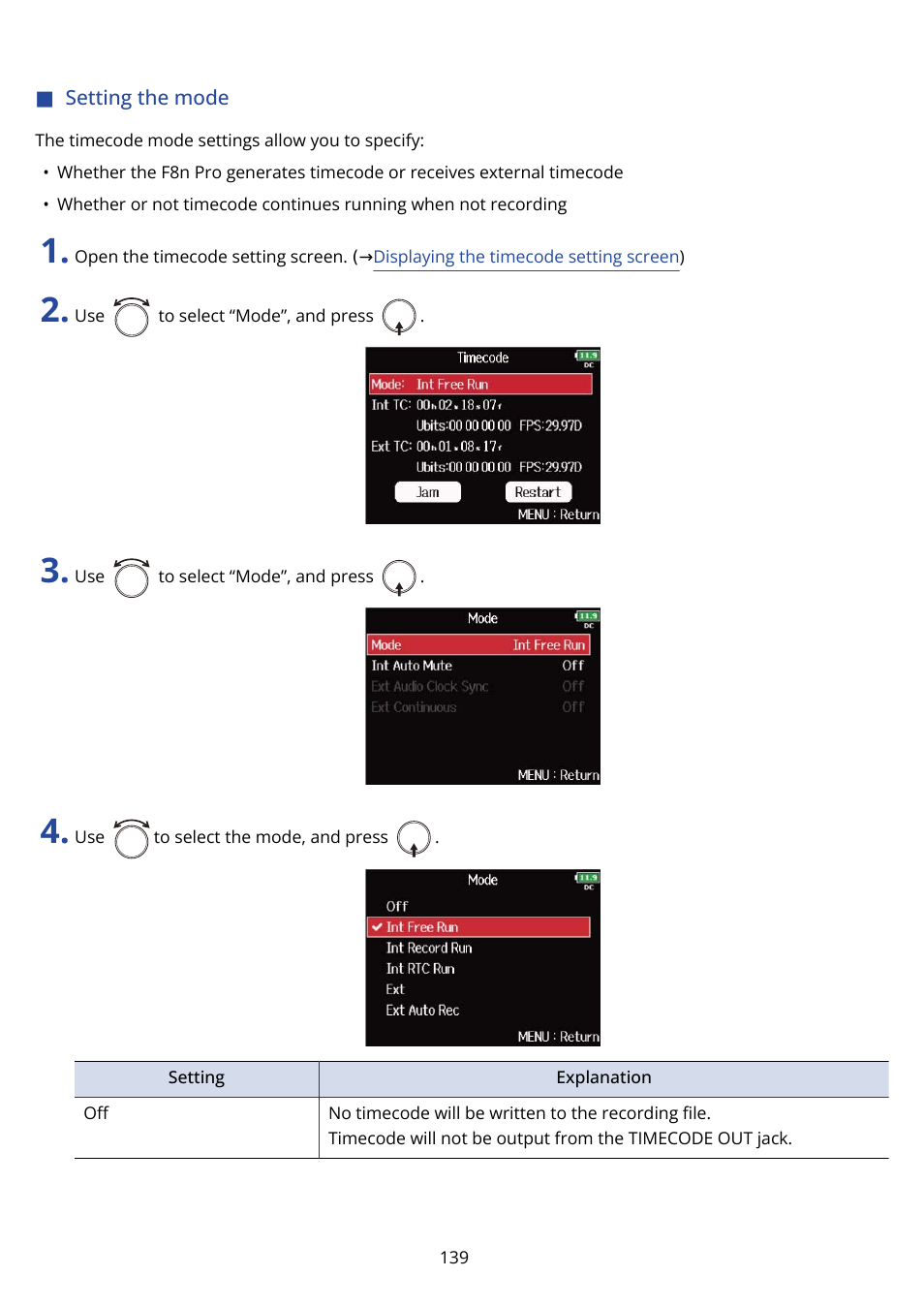 Setting the mode | Zoom F8n Pro 8-Input / 10-Track Multitrack Field Recorder User Manual | Page 139 / 316