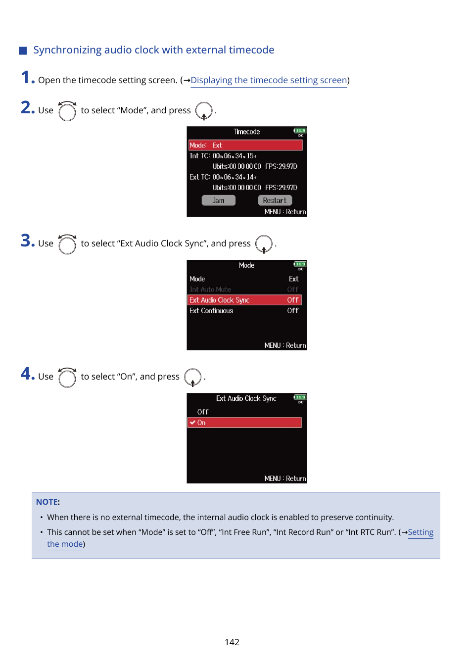 Synchronizing audio clock with external timecode | Zoom F8n Pro 8-Input / 10-Track Multitrack Field Recorder User Manual | Page 142 / 316
