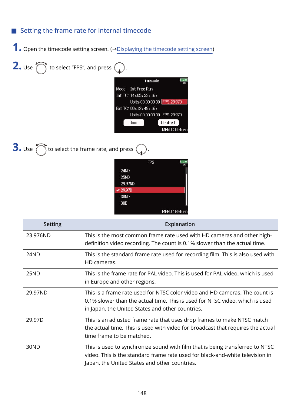 Setting the frame rate for internal timecode | Zoom F8n Pro 8-Input / 10-Track Multitrack Field Recorder User Manual | Page 148 / 316