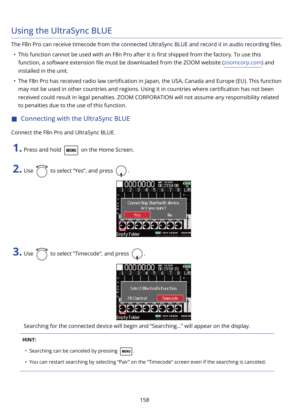 Using the ultrasync blue, Connecting with the ultrasync blue | Zoom F8n Pro 8-Input / 10-Track Multitrack Field Recorder User Manual | Page 158 / 316