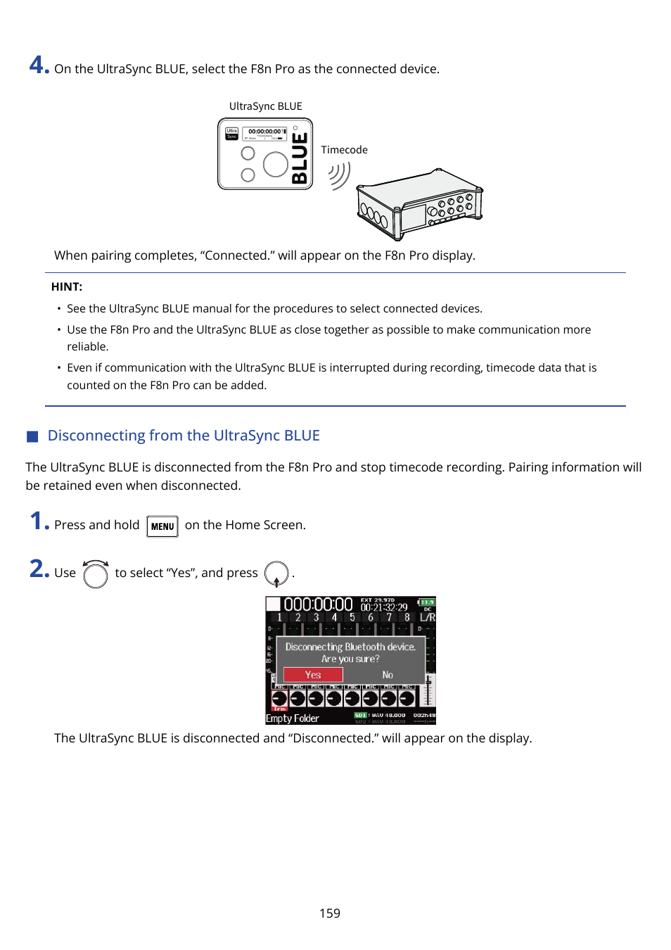 Disconnecting from the ultrasync blue | Zoom F8n Pro 8-Input / 10-Track Multitrack Field Recorder User Manual | Page 159 / 316