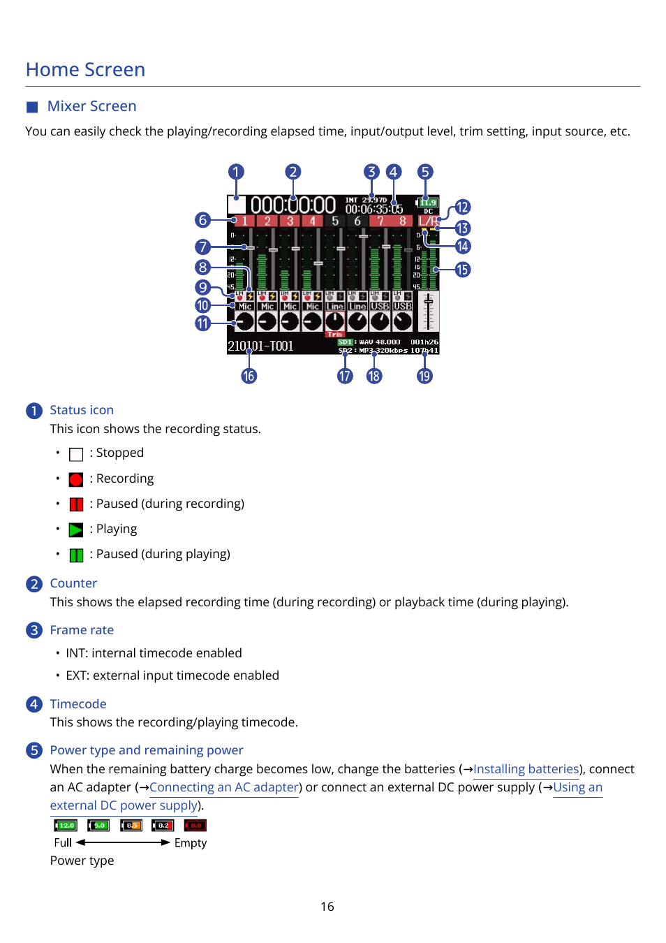 Home screen, Mixer screen | Zoom F8n Pro 8-Input / 10-Track Multitrack Field Recorder User Manual | Page 16 / 316