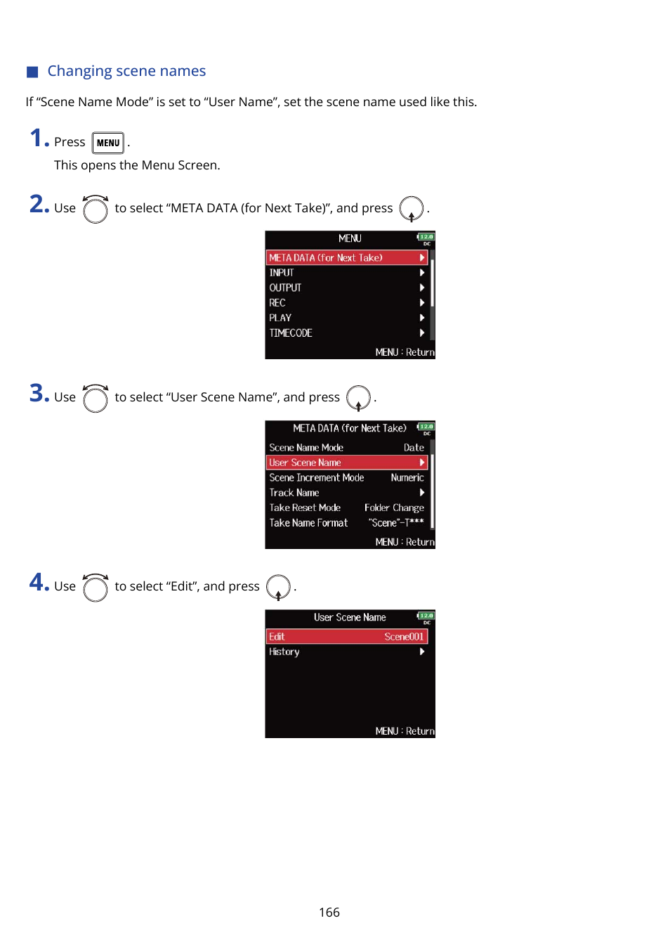 Changing scene names | Zoom F8n Pro 8-Input / 10-Track Multitrack Field Recorder User Manual | Page 166 / 316