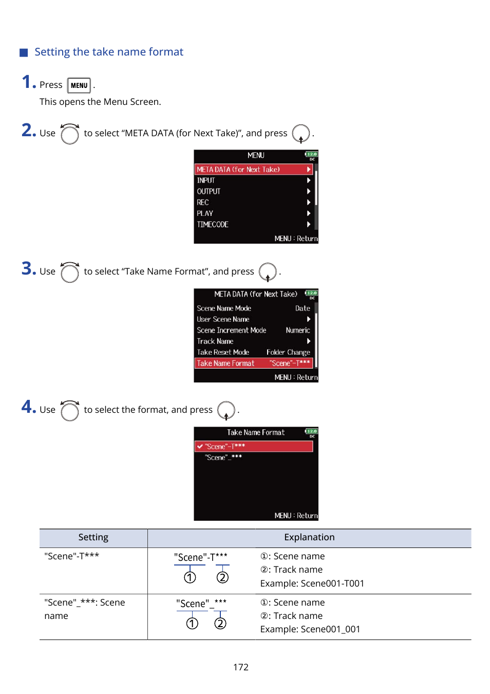 Setting the take name format | Zoom F8n Pro 8-Input / 10-Track Multitrack Field Recorder User Manual | Page 172 / 316