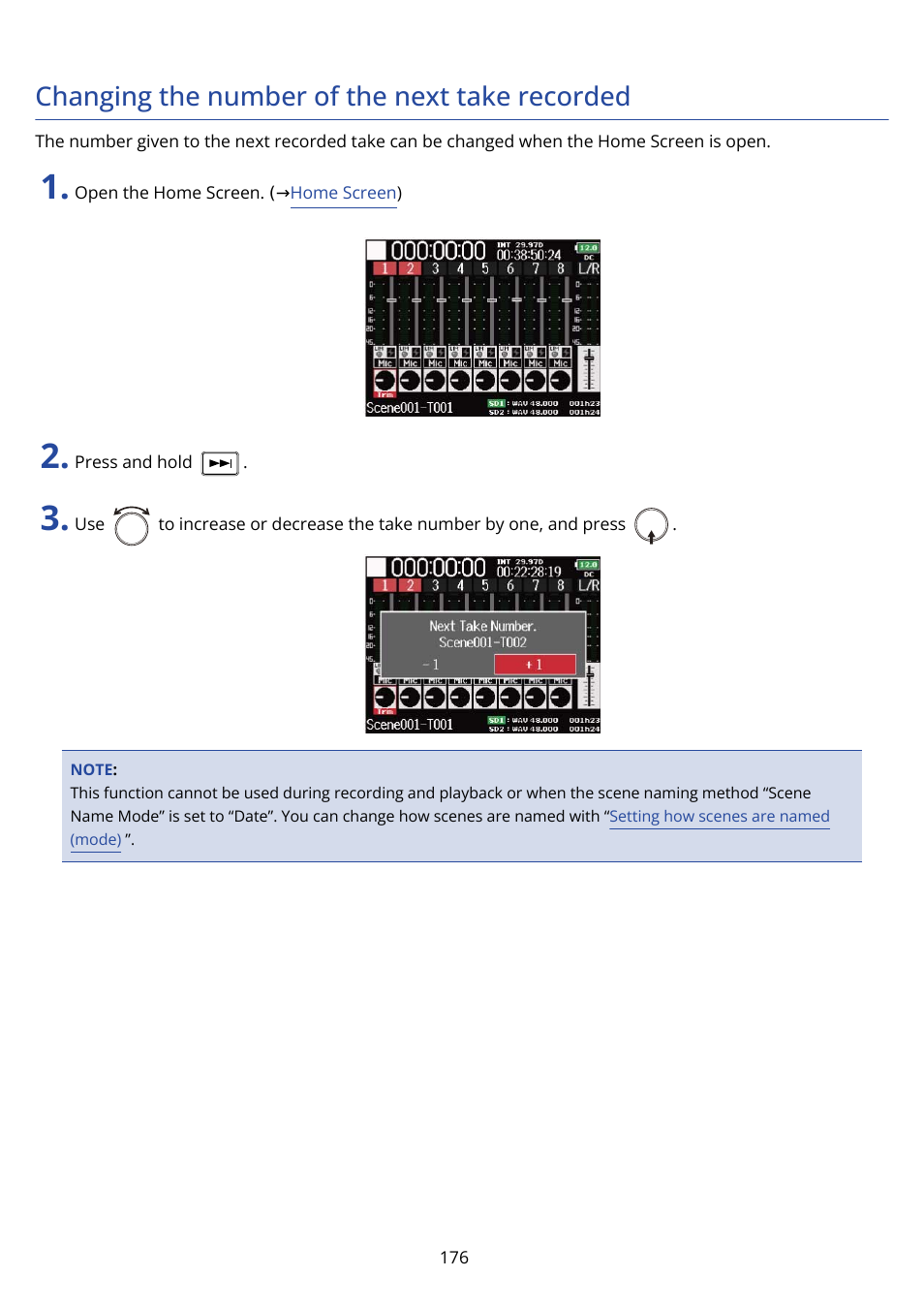 Changing the number of the next take recorded | Zoom F8n Pro 8-Input / 10-Track Multitrack Field Recorder User Manual | Page 176 / 316