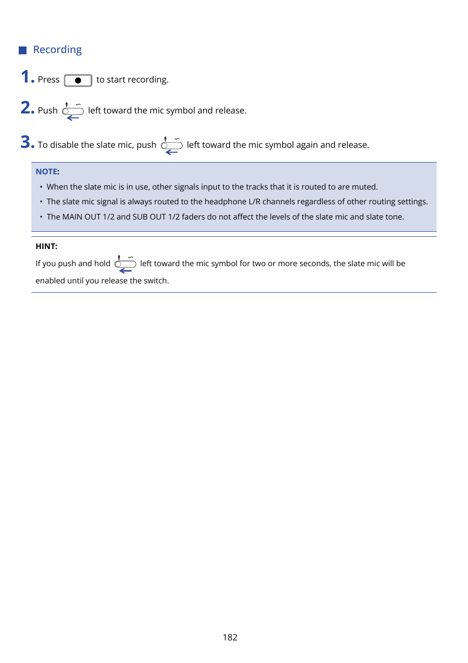 Recording | Zoom F8n Pro 8-Input / 10-Track Multitrack Field Recorder User Manual | Page 182 / 316