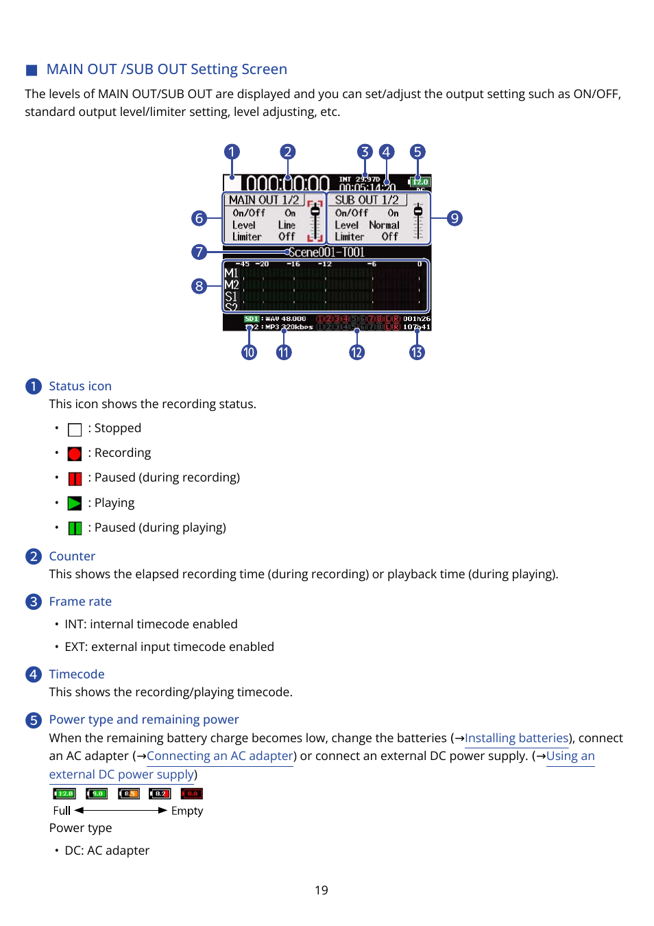 Main out /sub out setting screen | Zoom F8n Pro 8-Input / 10-Track Multitrack Field Recorder User Manual | Page 19 / 316