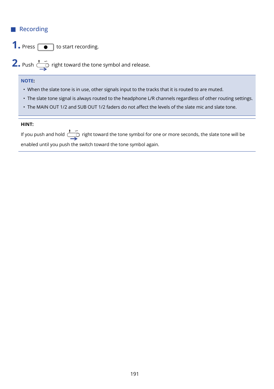 Recording | Zoom F8n Pro 8-Input / 10-Track Multitrack Field Recorder User Manual | Page 191 / 316