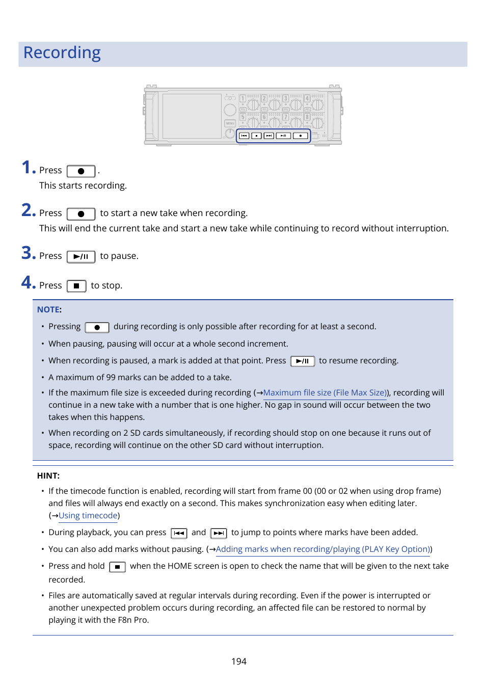 Recording | Zoom F8n Pro 8-Input / 10-Track Multitrack Field Recorder User Manual | Page 194 / 316