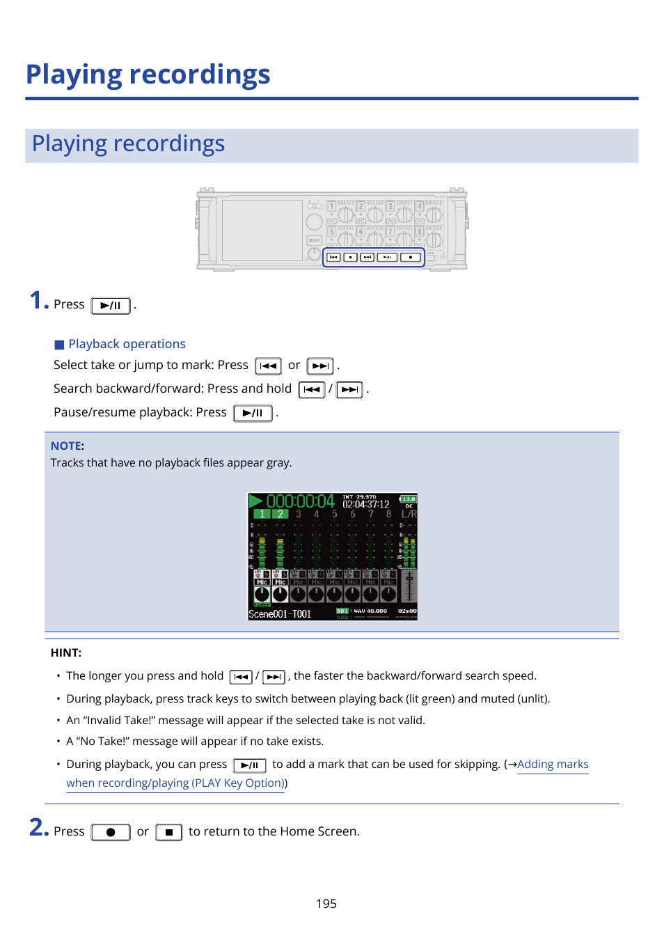 Playing recordings, Playing, Recordings | Zoom F8n Pro 8-Input / 10-Track Multitrack Field Recorder User Manual | Page 195 / 316