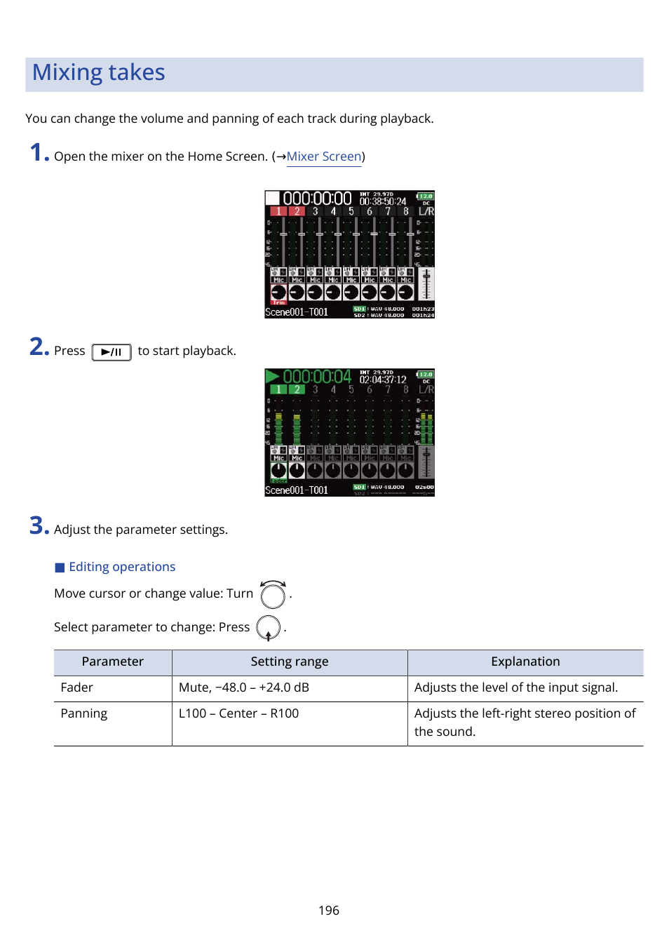 Mixing takes | Zoom F8n Pro 8-Input / 10-Track Multitrack Field Recorder User Manual | Page 196 / 316