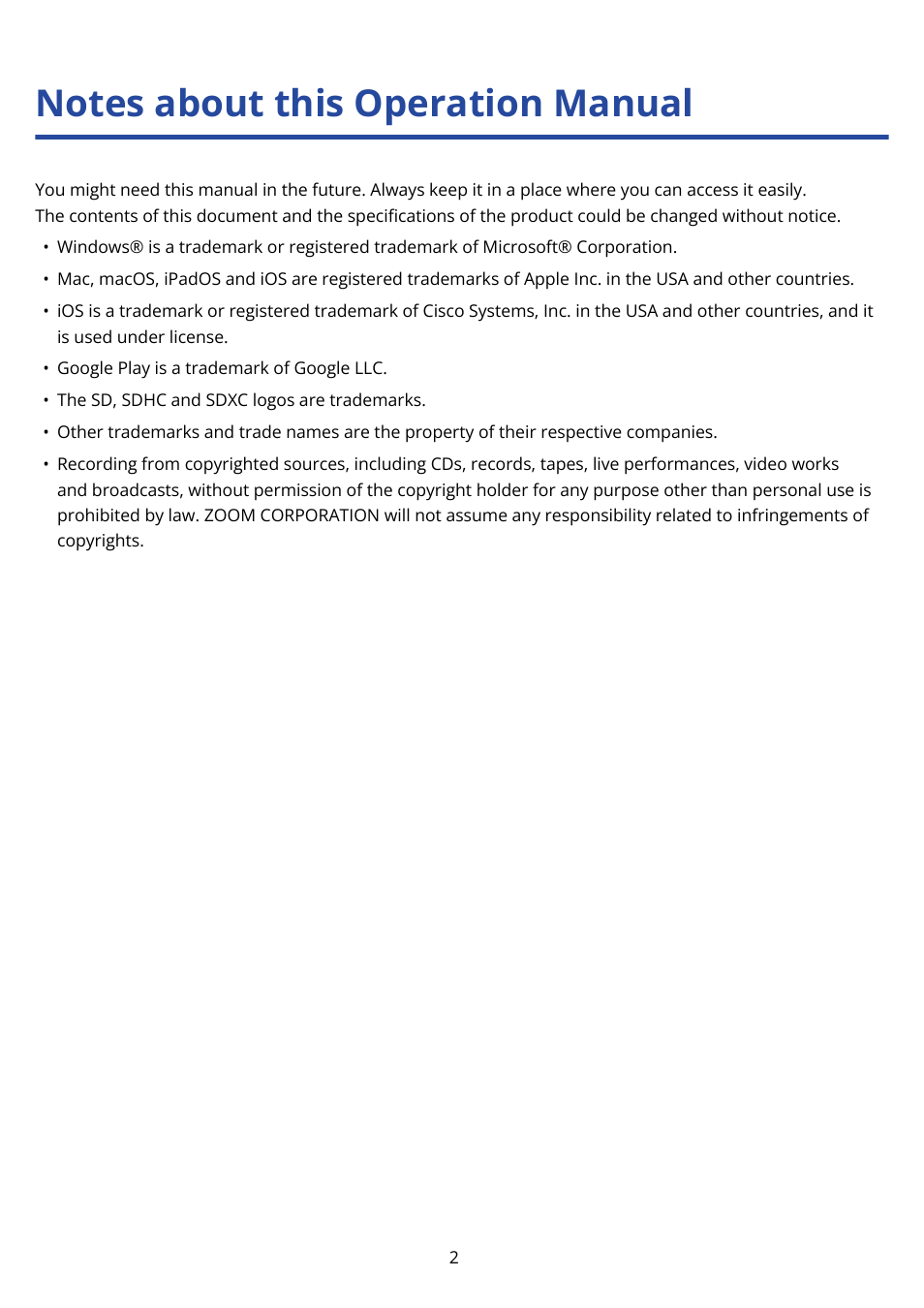 Notes about this operation manual | Zoom F8n Pro 8-Input / 10-Track Multitrack Field Recorder User Manual | Page 2 / 316