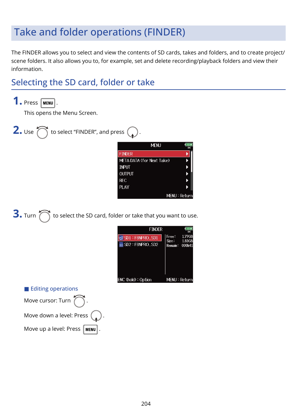 Take and folder operations (finder), Selecting the sd card, folder or take | Zoom F8n Pro 8-Input / 10-Track Multitrack Field Recorder User Manual | Page 204 / 316
